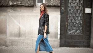 What can I wear with a long denim skirt?